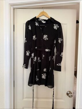 CeCe Black Long-Sleeve Floral Button-Front Dress
